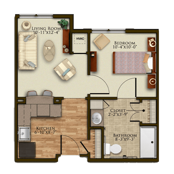 A one-bedroom apartment floor plan with a living room, kitchen, and bathroom.