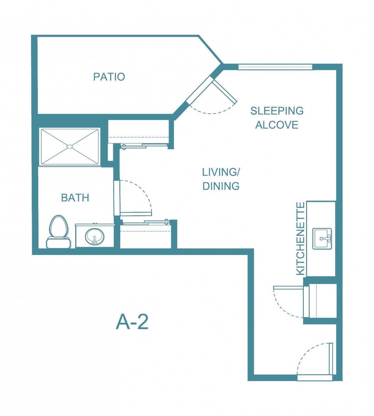 A compact apartment floor plan labeled 'A-2' showing a sleeping alcove, living/dining area, kitchenette, bathroom, and patio.