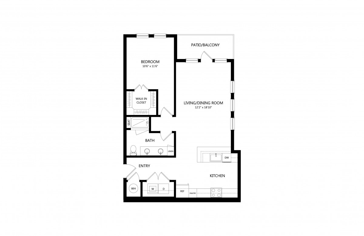 A floor plan illustrating the layout of a one-bedroom apartment.