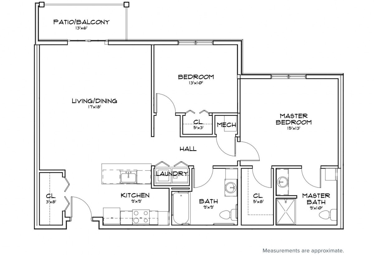 A detailed floor plan of an apartment featuring two bedrooms, two bathrooms, a kitchen, and a living/dining area with an exterior balcony.