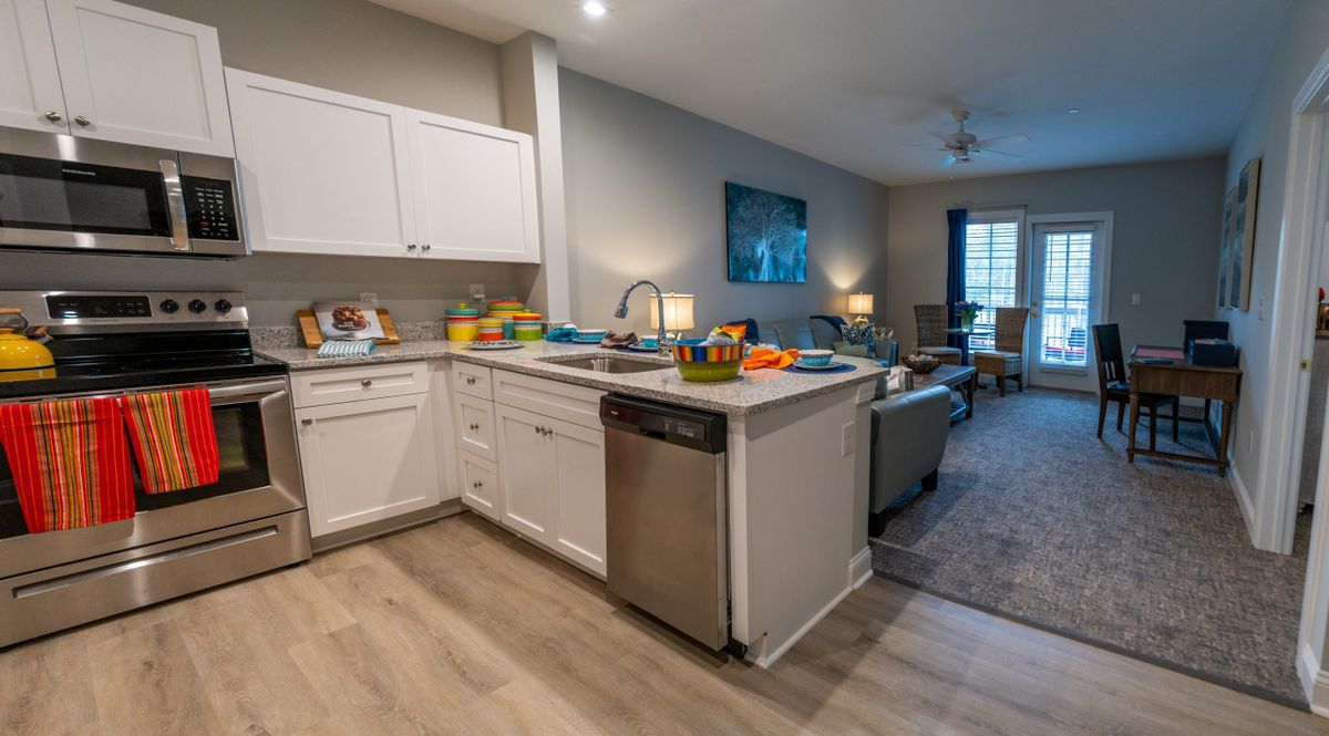 Modern open-plan kitchen and living room in an apartment.