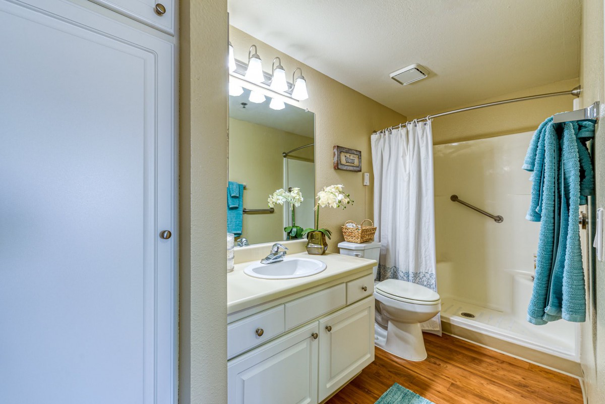 A well-lit bathroom with a shower, sink, and toilet.