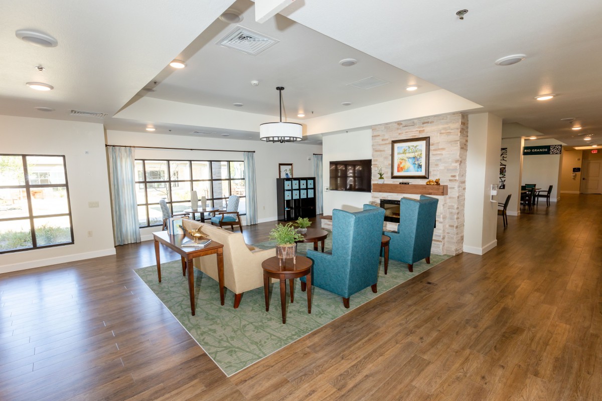 A modern living room with comfortable seating, a fireplace, and contemporary decor.