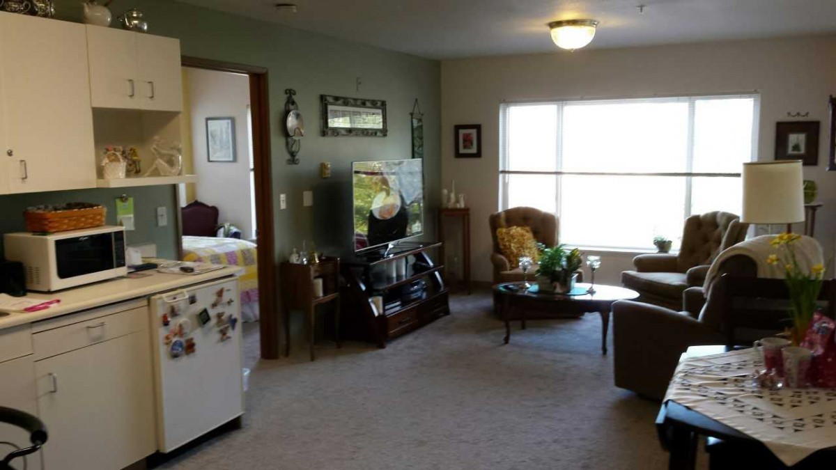 A cozy living room with a television, armchairs, and a coffee table by the window.