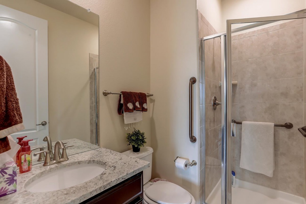 A compact bathroom with a shower, sink, toilet, and decorative plant.