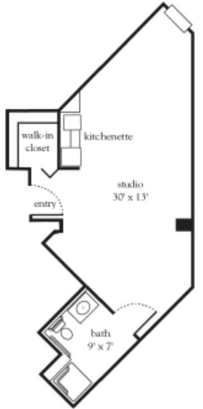 A floor plan of a studio apartment featuring a kitchenette, walk-in closet, and an open living area.