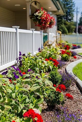 A vibrant garden with various colorful flowers along a white fence.