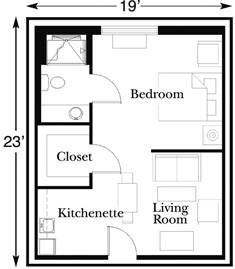 A compact studio apartment floor plan with a bedroom, living room, kitchenette, closet, and bathroom.