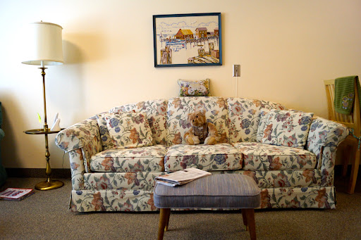 A cozy living room scene featuring a floral-patterned couch and a small table, with a cat nestled comfortably.