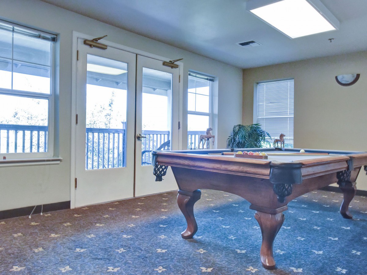 A cozy game room with a pool table and large windows for natural light.