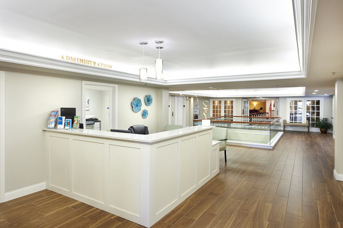 A modern reception area with a clean and minimalist design.