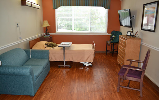 A well-furnished hospital room featuring a patient bed, a sofa, and natural light from the window.