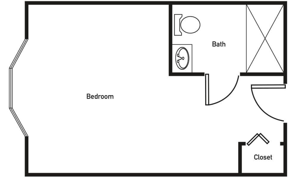 A simple floor plan showing a bedroom with an attached bathroom.