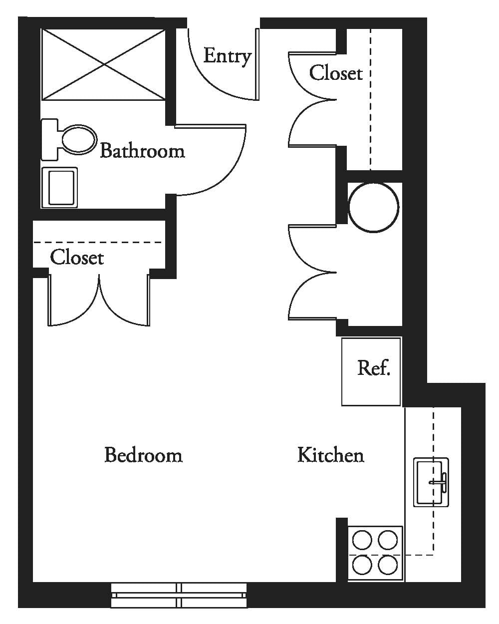 A simple floor plan of an apartment with designated areas for a bedroom, kitchen, bathroom, and closets.