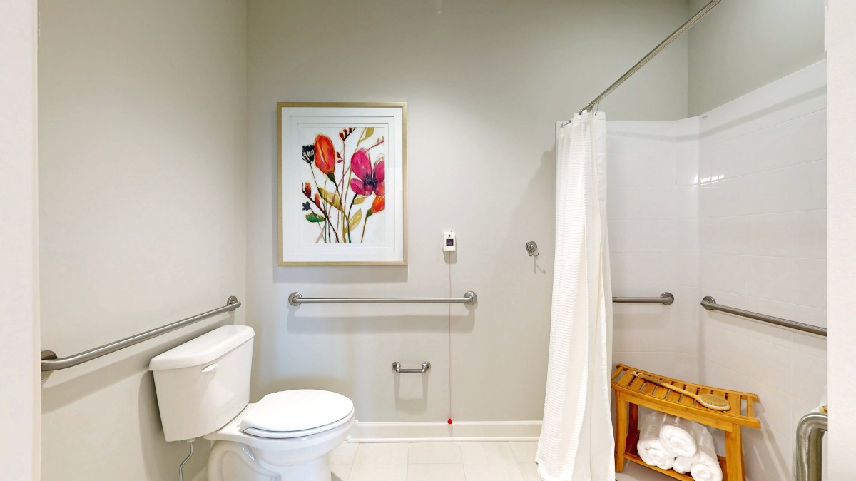An accessible bathroom with grab bars, a shower with a curtain, and floral artwork on the wall.