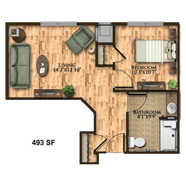A floor plan of a compact one-bedroom apartment with a living area, kitchen, bedroom, and bathroom.