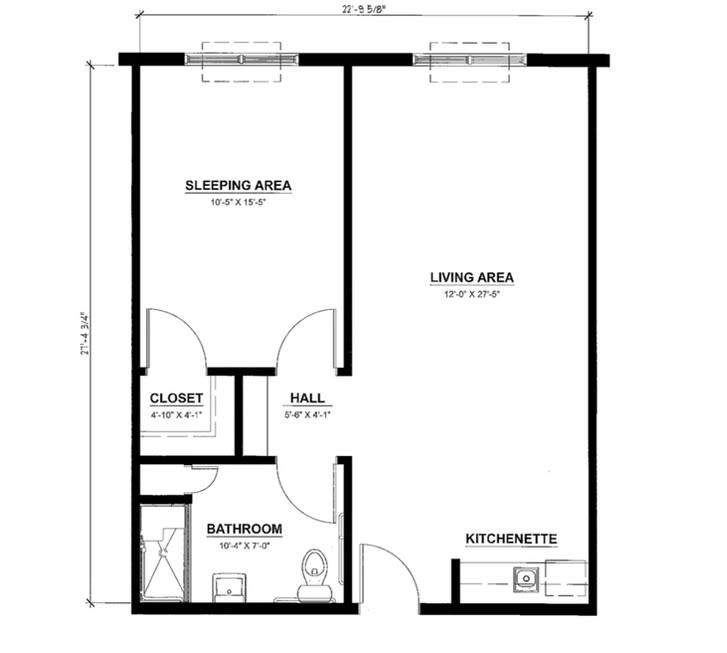 A floor plan of a studio apartment featuring a sleeping area, living area, bathroom, closet, and kitchenette.