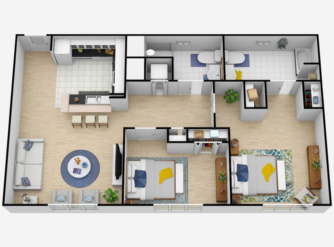 A 3D rendered floor plan of a two-bedroom apartment layout including a kitchen, living room, dining area, and two bathrooms.