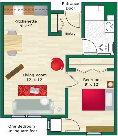 A floor plan of a small apartment featuring a living room, kitchenette, bedroom, and bathroom.