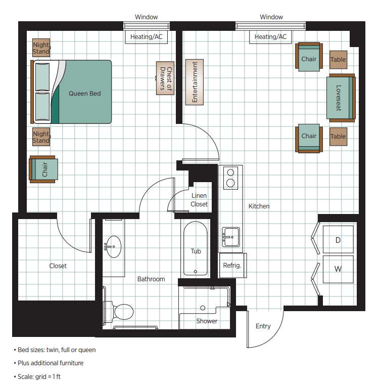 Floor plan of a one-bedroom apartment featuring a living room, kitchen, and bathroom.