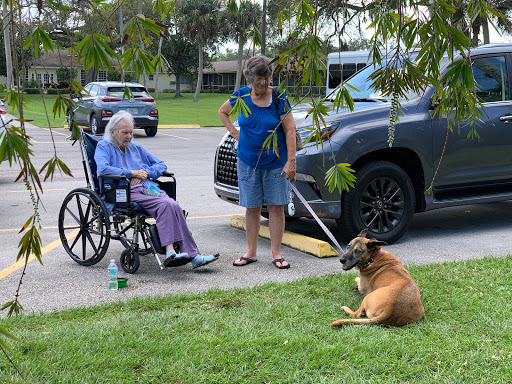 A caregiver takes a moment with a senior citizen in a wheelchair while their dog enjoys some time on the grass.