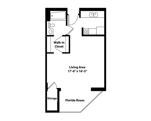 Studio apartment floor plan with a living area, walk-in closet, kitchen, bathroom, and Florida room.