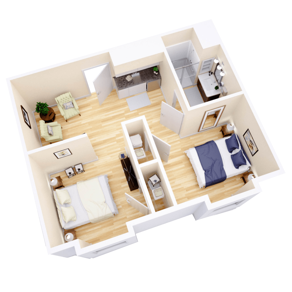 3D rendering of a two-bedroom apartment layout showcasing the interior design.