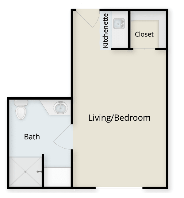 Studio apartment floor plan with a living/bedroom area, bathroom, and closet.