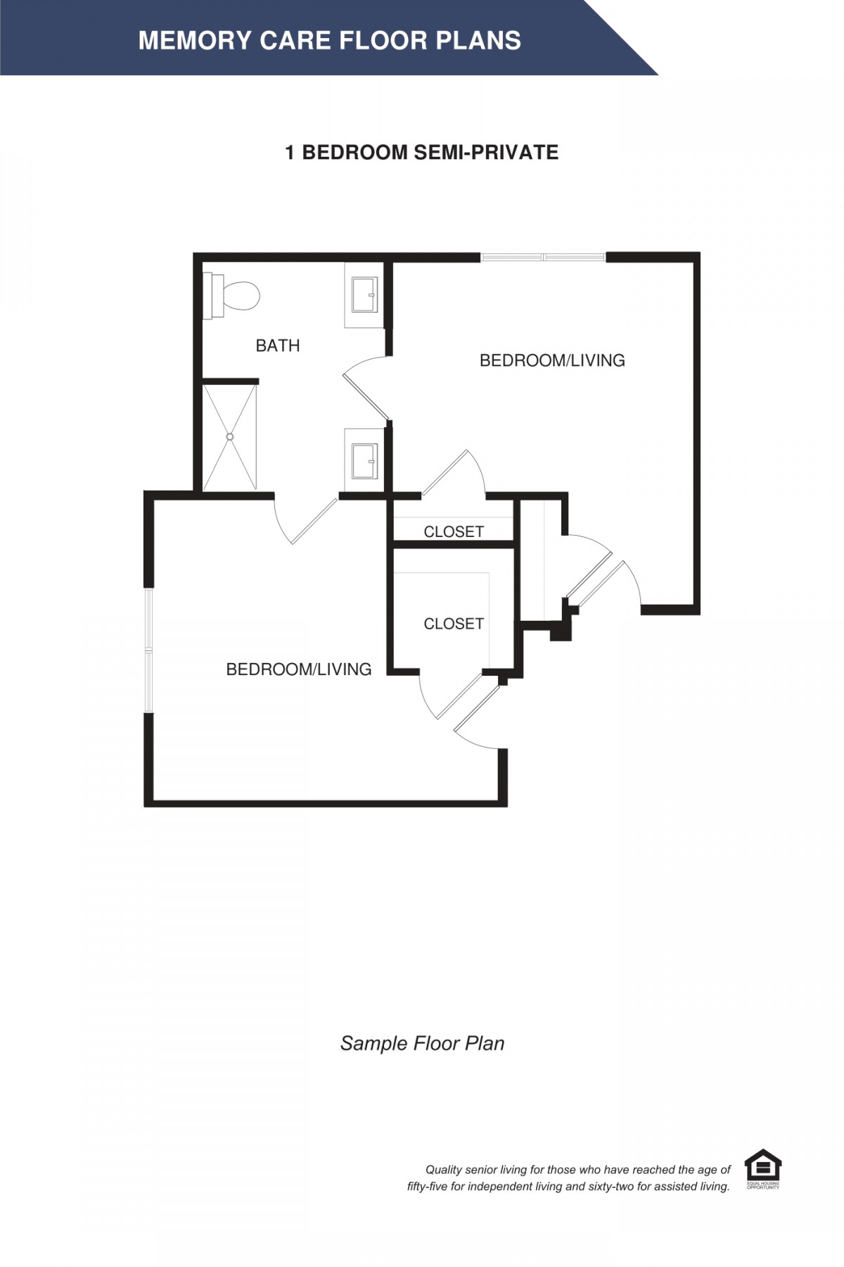 A simple residential floor plan with two rectangular rooms, a closet, and a bathroom.