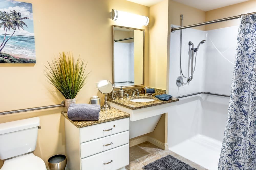 A modern bathroom featuring a sink with a mirror, shower area, and decorative plant.