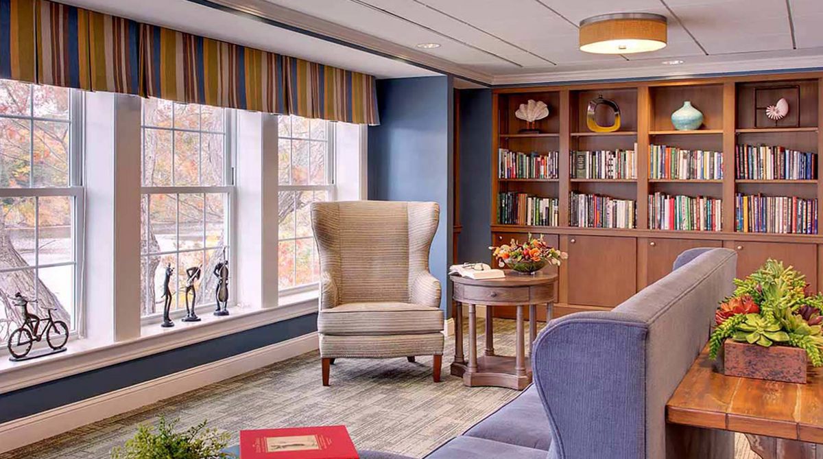 A cozy living room interior featuring an armchair, bookshelves, and a large window.