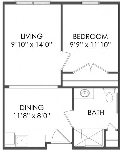 A floor plan of a one-bedroom apartment layout featuring a living room, dining area, and bathroom.