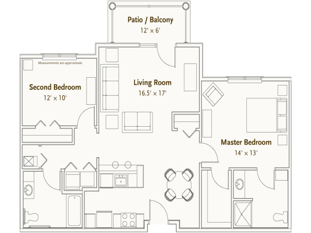 A floor plan of a two-bedroom apartment featuring a living room, kitchen, and patio.