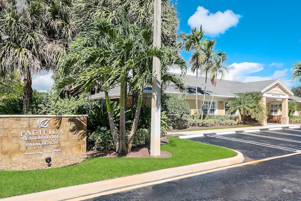 A tropical residential area with palm trees lining a driveway on a sunny day.