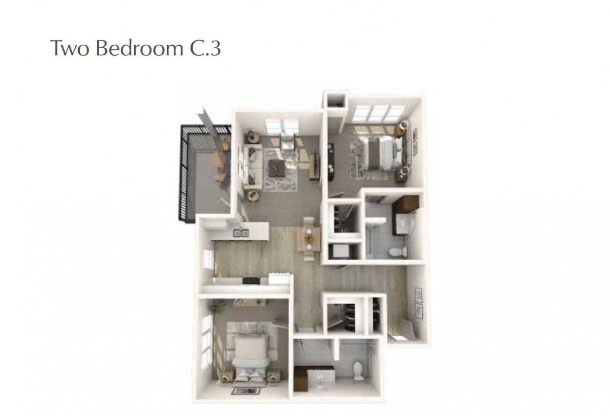 3D floor plan of a modern apartment featuring multiple rooms and a balcony.
