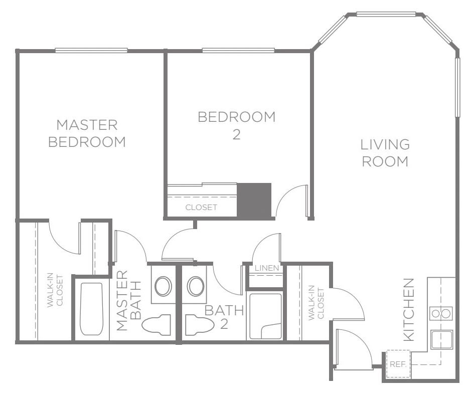 A floor plan showing the layout of an apartment with labeled rooms including a master bedroom, second bedroom, two bathrooms, kitchen, and living room.