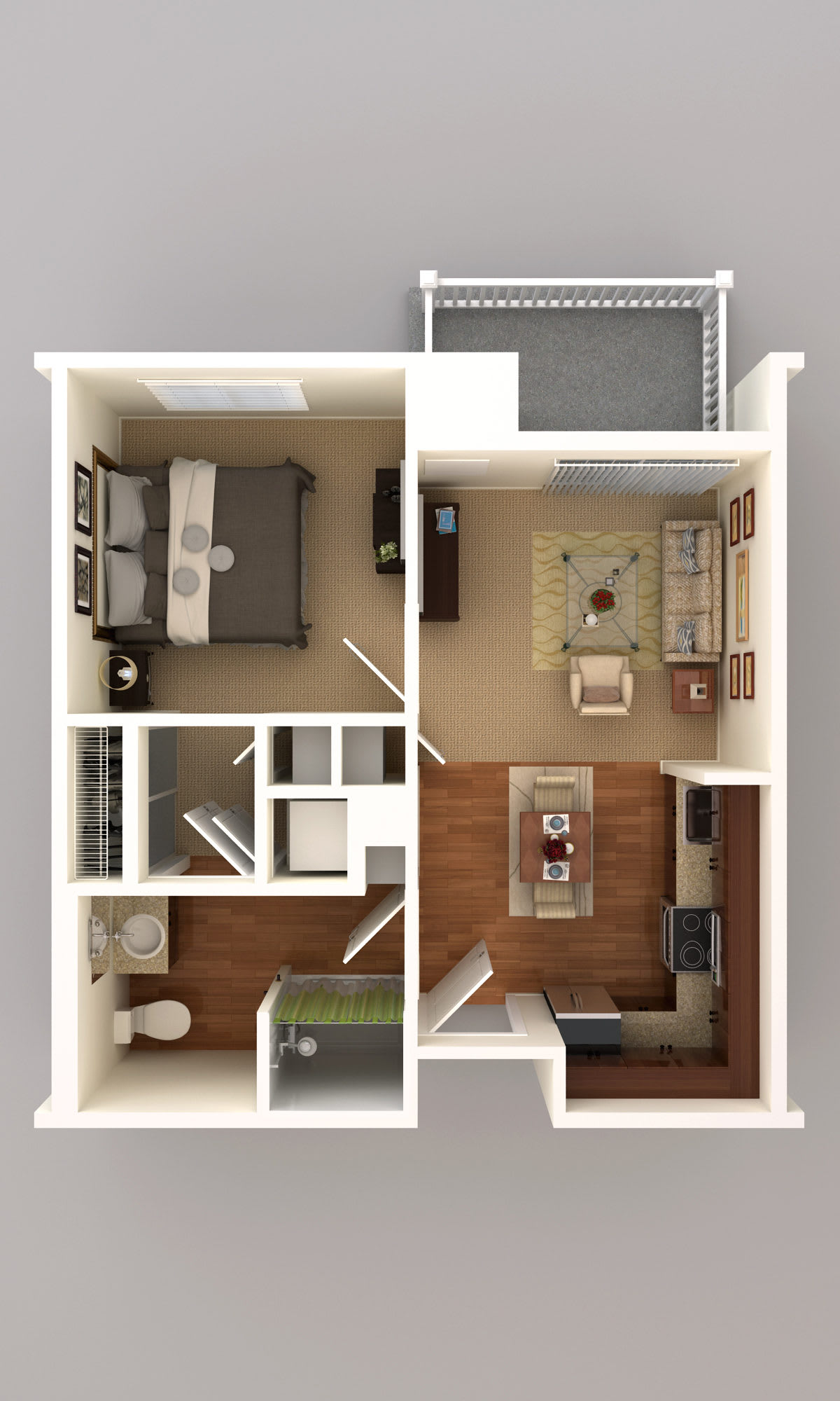 This is a 3D floor plan of a one-bedroom apartment featuring a living room, kitchen, bedroom, and bathroom.