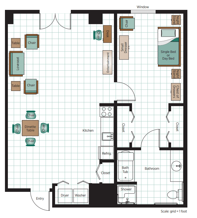 A simple floor plan of a one-bedroom apartment with designated areas for living, dining, and kitchen.
