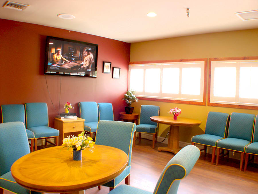 A cozy waiting room with blue chairs, wooden tables, and a TV on the wall.