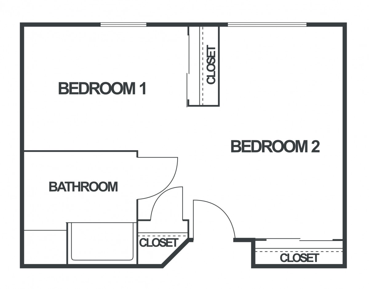 Floor plan layout featuring two bedrooms, a bathroom, and multiple closets.