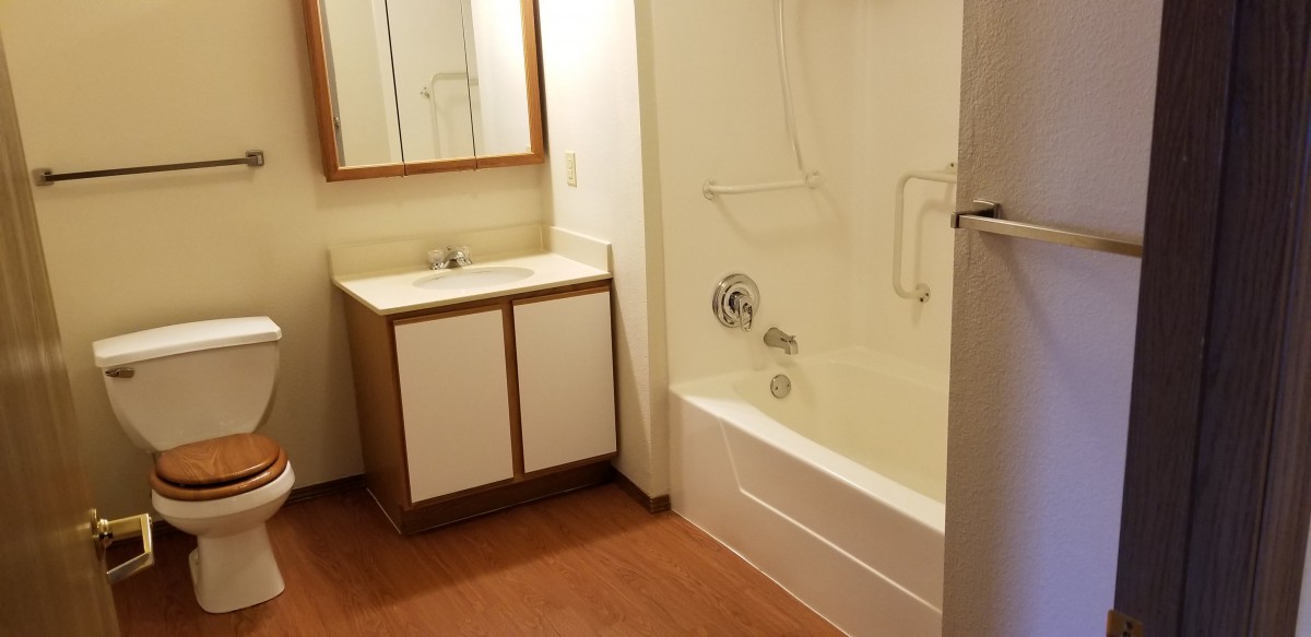 A clean and simple bathroom featuring a sink with cabinet, a mirror, and a bathtub.