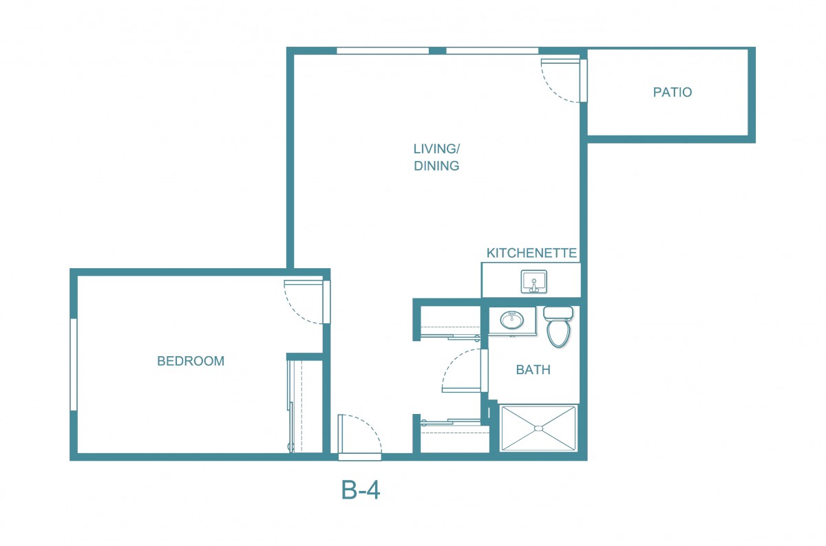 A simple floor plan of an apartment with designated areas for living, a bedroom, kitchenette, and bathroom.