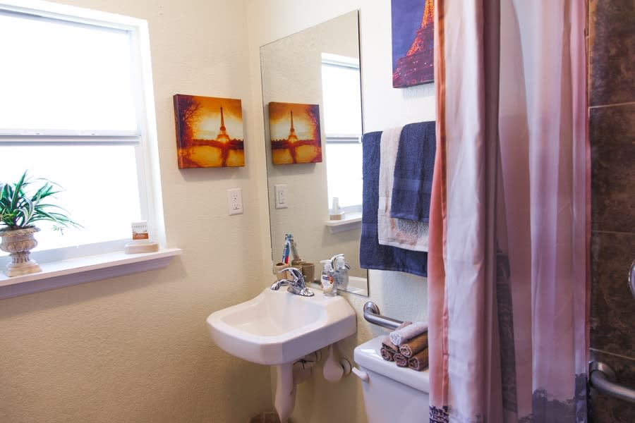 A cozy bathroom with a sink, mirror, and decorative wall art.