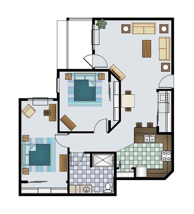 A detailed floor plan of a two-bedroom apartment, highlighting living areas, kitchen, and bathroom.