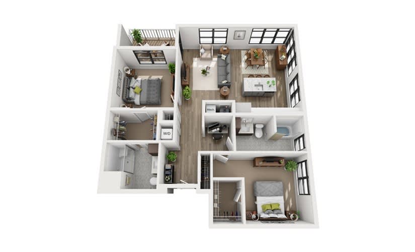 3D floor plan of a modern apartment with two bedrooms, a living room, kitchen, and bathroom.