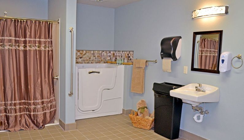 A well-equipped, accessible bathroom featuring a walk-in bathtub, grab bars, sink, and towel holder.