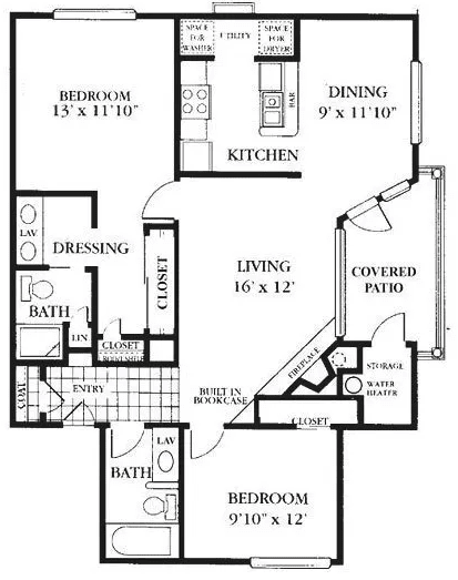 Two-bedroom apartment floor plan with two baths, kitchen, living and dining area, and covered patio.