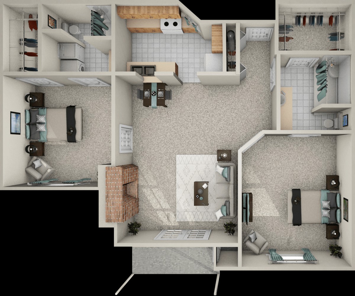 A 3D rendered floor plan of an apartment, showcasing the layout of rooms and furniture.
