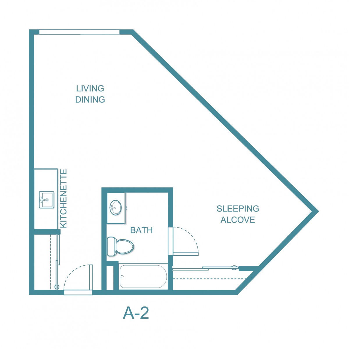 A floor plan of a studio apartment with a living/dining area, kitchenette, bathroom, and sleeping alcove.