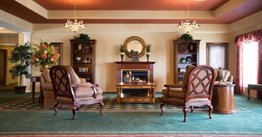 A classic living room with elegant furniture and a central fireplace, flanked by bookshelves and lit by chandeliers.